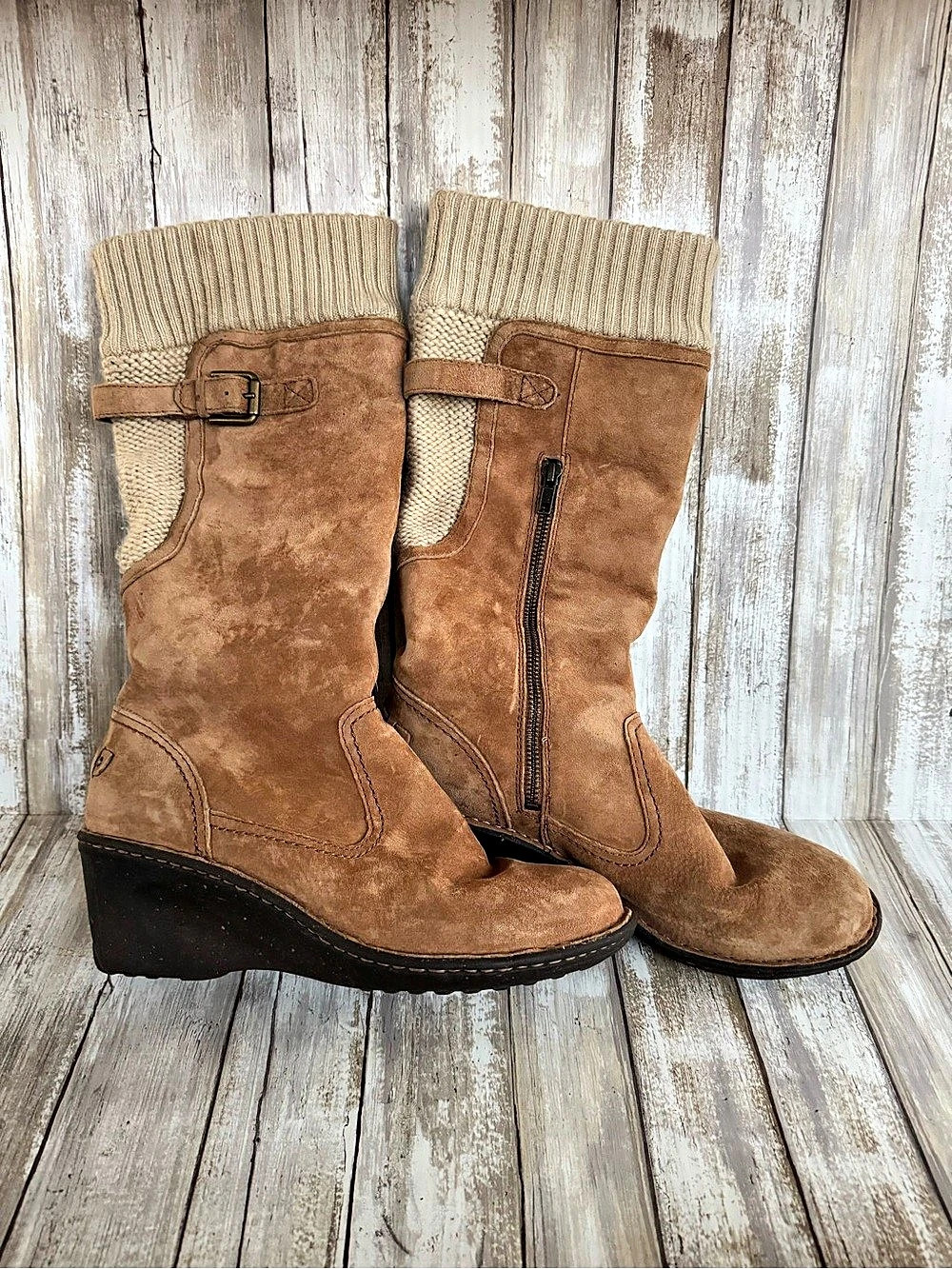 UGG Skyfall Tall Wedge Boot Brown & Beige with Buckle Detail US 9
